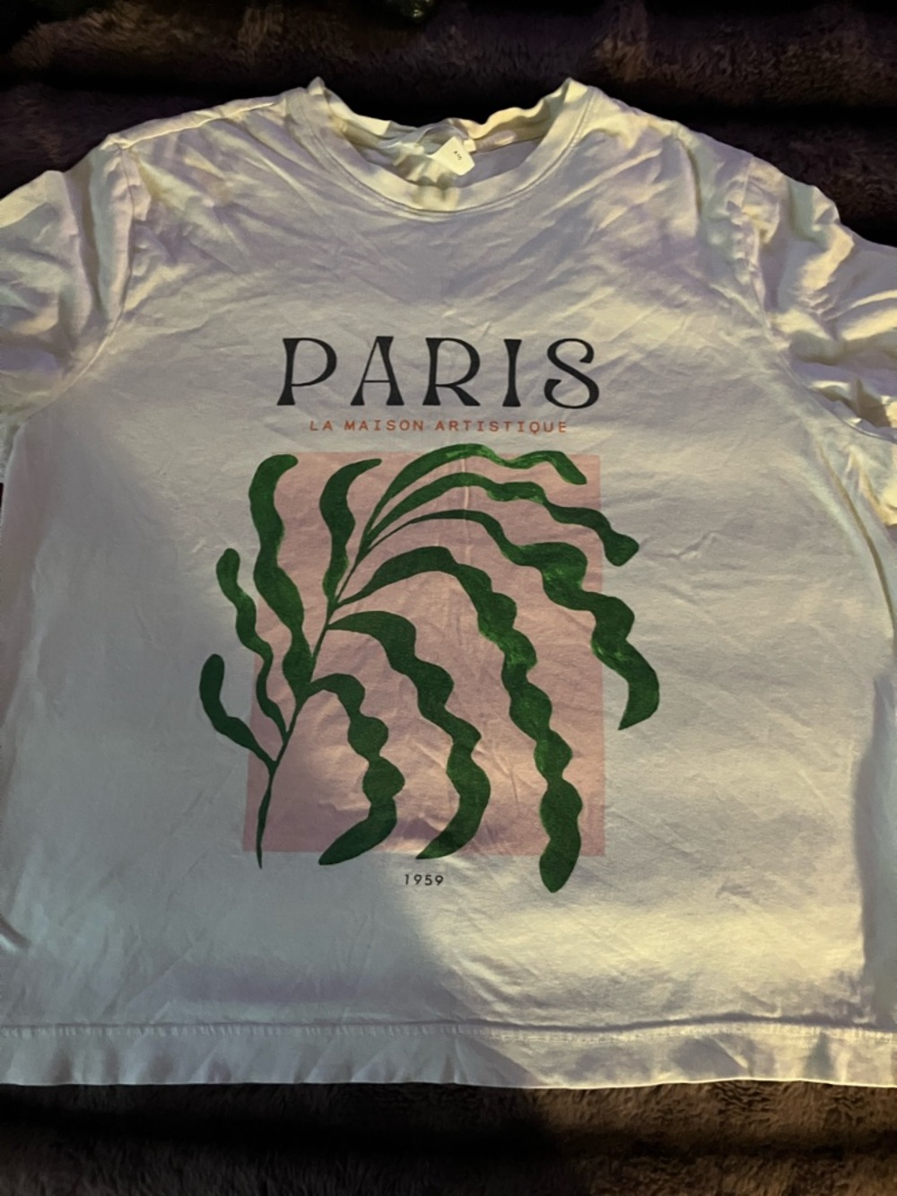 H&M White Tee with Green Leaf Print and Pink Square